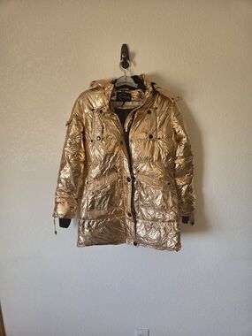 Celsius Premium Metallic Gold Puffer Parka Faux Fur Hood Quilted Jacket Medium